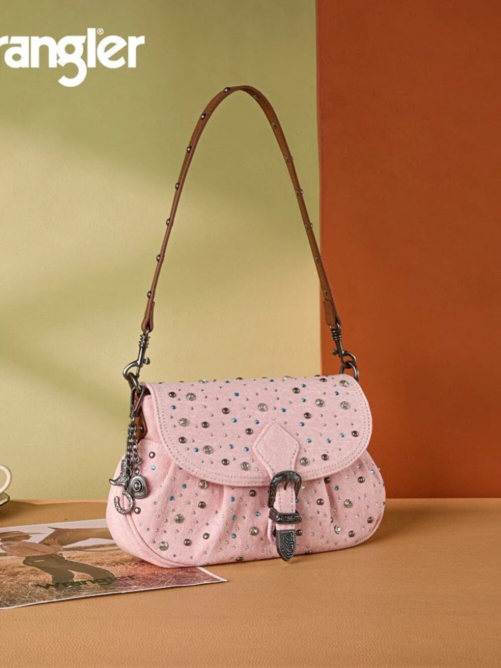Wrangler Western Rhinestone Denim Flap Crossbody Shoulder Bag Pink